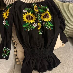 Black Floral Embroidered Women's Top